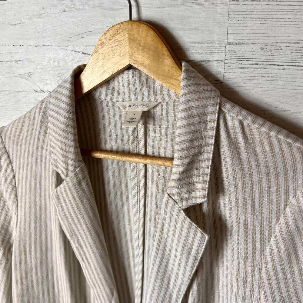 Caslon Blazer Womens SZ Small Tan & White Striped Open Front Linen Blend Coastal - Picture 11 of 16